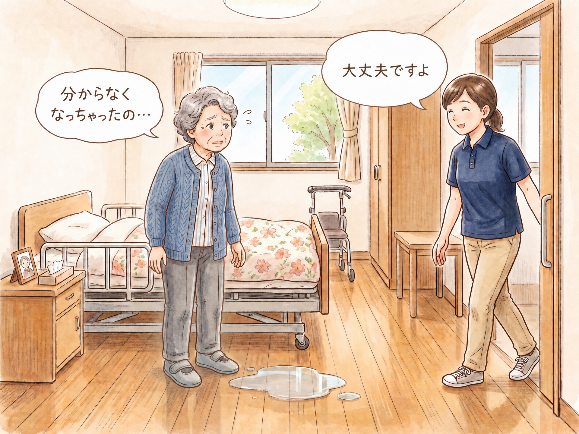 利用者さんの放尿への対応の様子